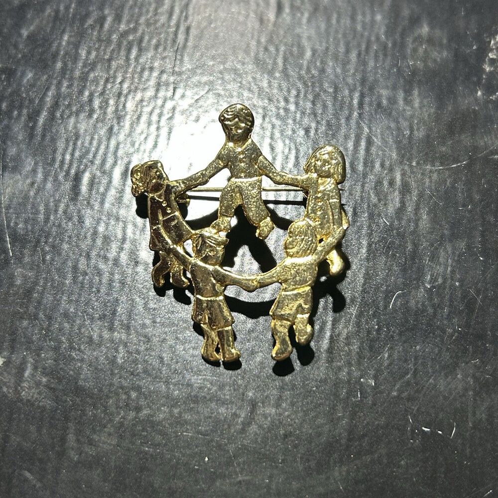Vintage Gold Tone Ring Around the Rosie Children Holding Hands Pendant Brooch